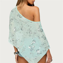 Sequin One Shoulder Sheer Poncho Top