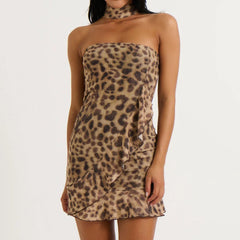 Leopard Print Strapless Mini Dress with Scarf
