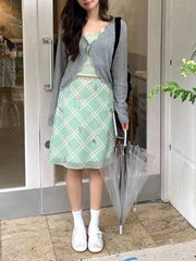 Blue Plaid Floral Mesh Midi Skirt