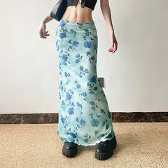 Blue Rose Pinted Long Skirt
