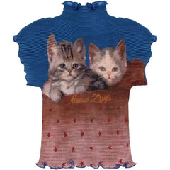 Cat Printed High Collar Ruffled Hem Short Sleeve Top