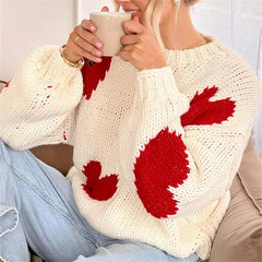 Heart Print Round Neck Knitwear Pullover