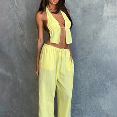 Stripe Tie-Up Halter Neck Backless Tank Top And Wide-Leg Pants Set
