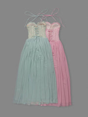 Halter Neck Lace Corset Tie Patchwork Long Dress