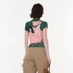 Star Cat Print High Collar Short Sleeve Top