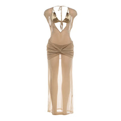 Sequin Sheer Cover-up Maxi Dress With Gold Bikini Set