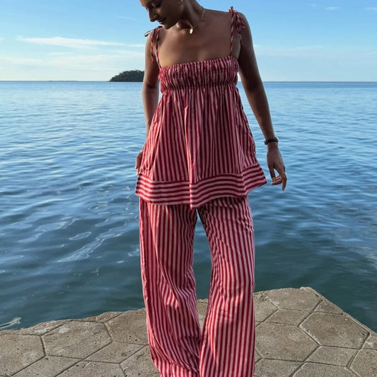 Red Striped Tie Up Strap Babydoll Top and Straight Pants Loungewear Set