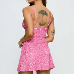Pink Sequin Keyhole Strappy Mini Dress
