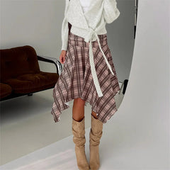 Plaid Irregular Hem Midi Skirt