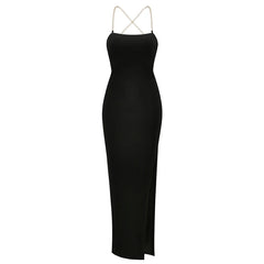 Black Crossed Chain Strap High Slit Maxi Dress