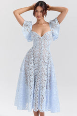 Blue Lace Flare Sleeve Midi Dress