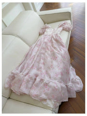 Pink Floral Square Puff Sleeve Flounced Midi Dress