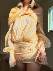 Yellow Diamonds Off-shoulder Long Sleeve Sheer Mini Dress