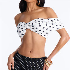Polka Dot Off The Shoulder Front Twist Knot Bandeau Top
