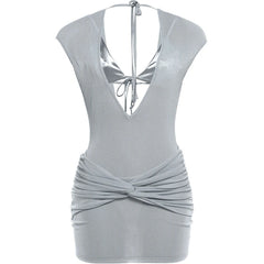 Sheer V-neck Cover Up Mini Dress With Silver Bikini Set