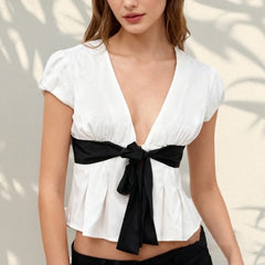 Deep V Neck White Front Bowknot Crop Top