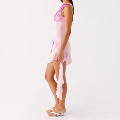 Pink Ruffled Floral Tank Boat Neck Back Tie-up Mini Dress