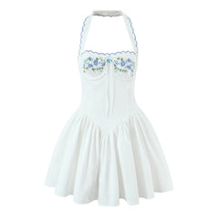 White Embroidery Halter Mini Dress