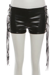 Black Metal Rings Faux Leather Tassel Shorts