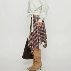 Plaid Irregular Hem Midi Skirt