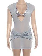 Sheer V-neck Cover Up Mini Dress With Silver Bikini Set