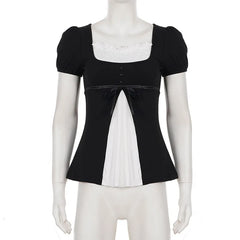 Black And White Square Neck Puff Sleeve Blouse