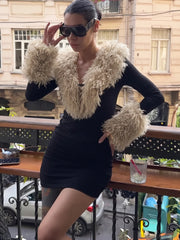 Black Long Sleeve Faux Fur Trim Mini Bodycon Dress
