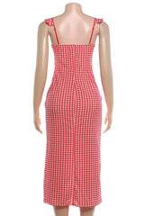 Red Plaid Ruffle V-neck Maxi Dress
