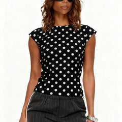 Polka Dot Short Cap Sleeve Open Back Top