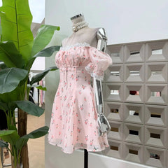 Floral Puff Sleeve Square Collar Mini Dress