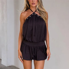 Halter Metal Eyelet Open Back Bubble Hem Short Dress