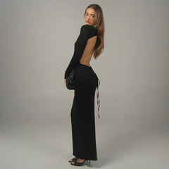 Open Back Long Sleeve Lace Up Maxi Dress