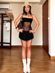 Mesh Patchwork Pleated Hem Mini Dress