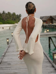 Knitted Backless Long Sleeve Maxi Dress