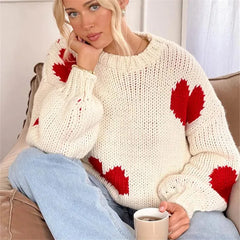 Heart Print Round Neck Knitwear Pullover