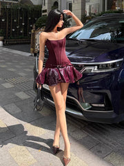 Burgundy Patchwork Tube Corset Sequins Puffy Hem Mini Dress