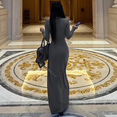 Long Sleeve Draped Tie Neck Maxi Dress