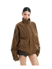 Faux Suede Stand Collar Zipper Jacket