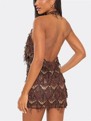 Sequin Fringe Halter Cowl Deep Neck Mini Dress