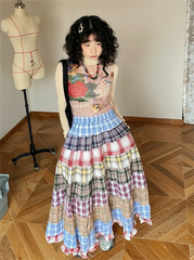 Plaid Patchwork Ruffles Maxi Skirt - Bohemian A-Line