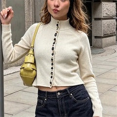 Cropped Turtleneck Knit Colorful Button Cardigan Top