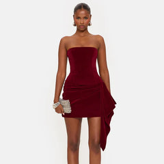 Velvet Strapless Ribbon Pleated Mini Dress
