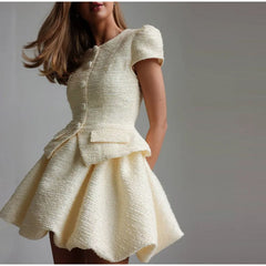 Tweed Puffy Sleeve Shirt And Bubble Skirt Set
