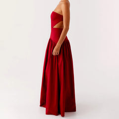 Red Waist Cutout Metal Buckle Tube Long Dress