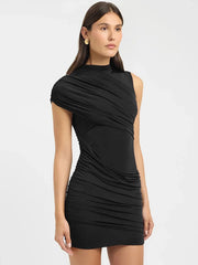 One Shoulder Round Neck Ruched Mini Dress