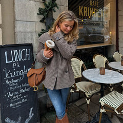 Checkered Button Double Breasted Long Sleeve Coat