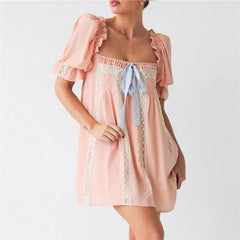 Square Neck Bow  Puff Short Sleeve Babydoll Mini Dress