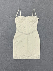 Spaghetti Straps Pearls Rhinestone Bandage Mini Dress