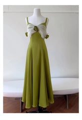 Green Satin Off-shoulder Patchwork Mesh 3d Flower Midi Dress
