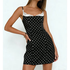 Satin Polka Dot Lace Trim Spaghetti Strap Mini Dress